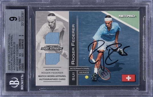 2003 NetPro International Series "Court Authentic" Roger Federer Signed Rookie Match Relic Jersey Card (#24/25) - BGS MINT 9/BGS 10